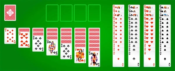 Spela Patiens Spel Grön Bakgrund Med Vanliga Spelkort Vektorillustration — Stock vektor