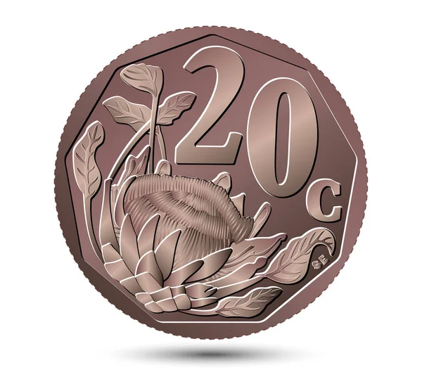 Moneda Sudafricana Veinte Centavos Aislada Sobre Fondo Blanco Ilustración Vectorial — Vector de stock