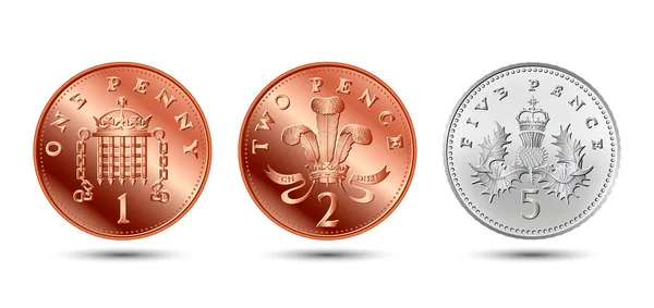 Векторный Набор Британских Монет Один Два Пять Пенсов — стоковый вектор