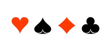 İskambil oynayan poker sembollere yakışıyor. Kupa, elmas ve sinek. Siyah kart simgeleri beyaz arkaplanda izole edildi. Web tasarımı için kart giysisi şeklindeki resim grafiği oynanıyor. Vektör illüstrasyonu.