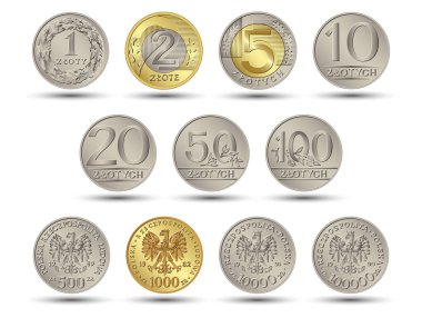 Ters ve ters Polonya parası bir, iki, beş, on, yirmi, elli ve yüz zloti altın ve gümüş sikke. Vektör illüstrasyonu.