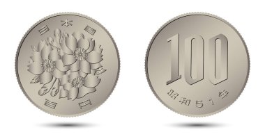 Japon Yen Sikkesi (Para), 100 yen. Japon parasının tersi ve tersi, izole edilmiş beyaz arka plan..