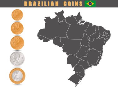 Brezilya haritalı Brezilya sikkeleri seti. Vektör illüstrasyonu.