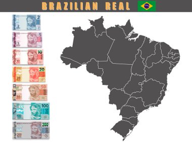 Brezilya haritalı Brezilya parası seti. Vektör illüstrasyonu.