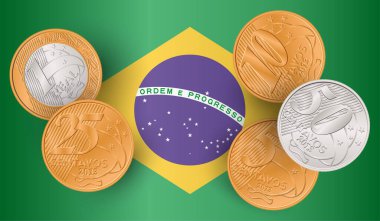 Brezilya bayraklı Brezilya sikkeleri. Vektör illüstrasyonu.
