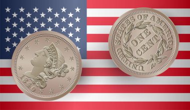 Vektör Amerikan parası, bir sent bozukluk, 1840-1857. Klasik baş büyük sent çizimi ABD bayrağı ile izole edildi. Vektör illüstrasyonu.