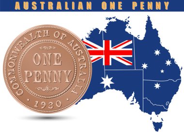 Avustralya 1 Penny madeni parası, Avustralya haritasından izole edilmiş. Vektör illüstrasyonu.