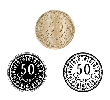 Tunisia 50 millim vector coin on white isolated background. Reverse of Tunisia fifty millim coin. The coin is depicted in black and white. Vector illustration. clipart