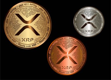 Siyah arka planda izole edilmiş altın, gümüş ve bronz XRP kripto para. Finansal işler. XRP para kümesi.