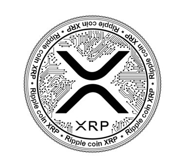 Şifreli para XRP. Bozuk para siyah ve beyaz olarak tasvir edilir. Finansal işler. Vektör illüstrasyonu.