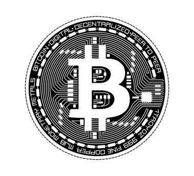 Bitcoin sembollü kripto para. Bozuk para siyah ve beyaz olarak tasvir edilir. Vektör illüstrasyonu.