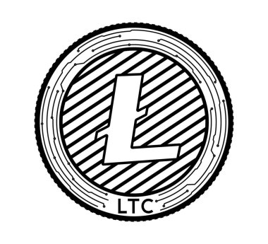 Yüzünde Litecoin sembolü olan kripto para. Bozuk para siyah ve beyaz olarak tasvir edilir. Vektör illüstrasyonu.