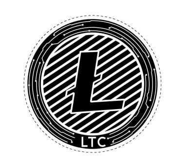 Yüzünde Litecoin sembolü olan kripto para. Bozuk para siyah ve beyaz olarak tasvir edilir. Vektör illüstrasyonu.