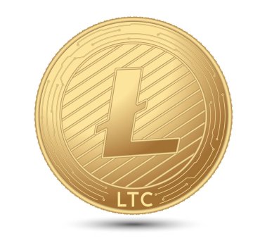 Yüzünde Litecoin sembolü olan şifreli altın sikke. Beyaz bir arka planda izole edilmiş. Vektör illüstrasyonu.