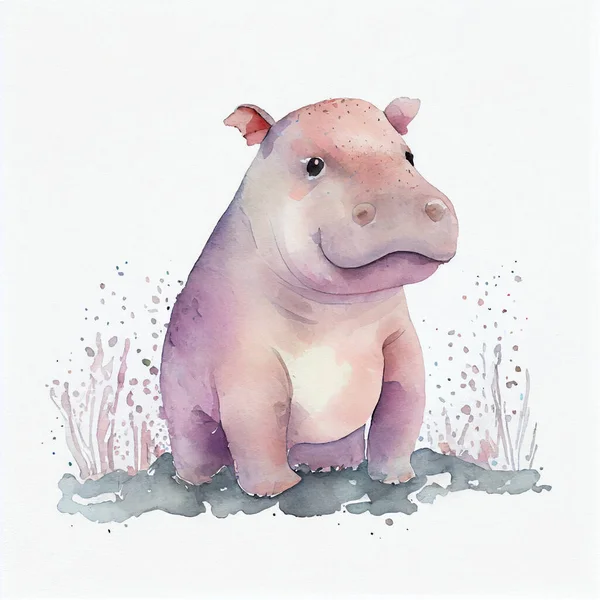 cute hippo watercolor portrait for kid on white background
