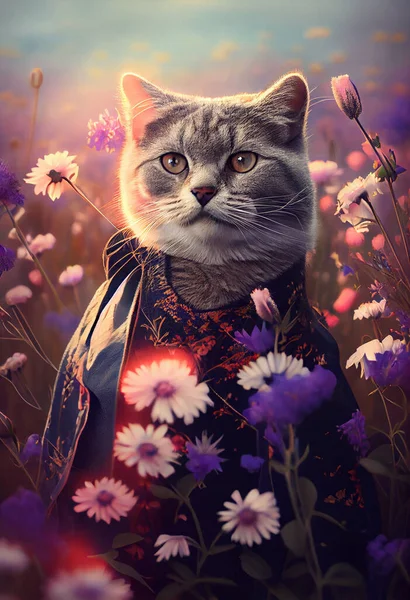 cat as a fashion model in flowers field