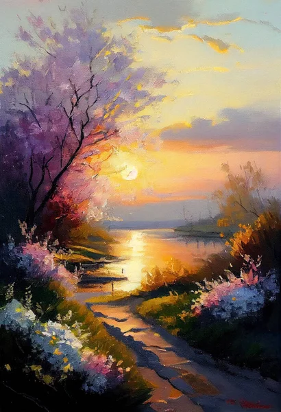 oil color painting of beautiful spring landscape