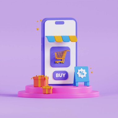 Çevrimiçi alışveriş 3D İllüstrasyon, çevrimiçi dükkan, çevrimiçi ödeme ve yüzen elementlerle dağıtım kavramı.