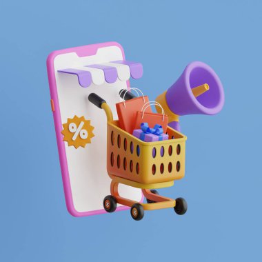 Çevrimiçi alışveriş 3D İllüstrasyon, çevrimiçi dükkan, çevrimiçi ödeme ve yüzen elementlerle dağıtım kavramı.