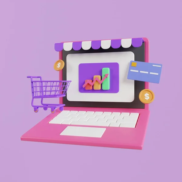 Çevrimiçi alışveriş 3D İllüstrasyon, çevrimiçi dükkan, çevrimiçi ödeme ve yüzen elementlerle dağıtım kavramı.