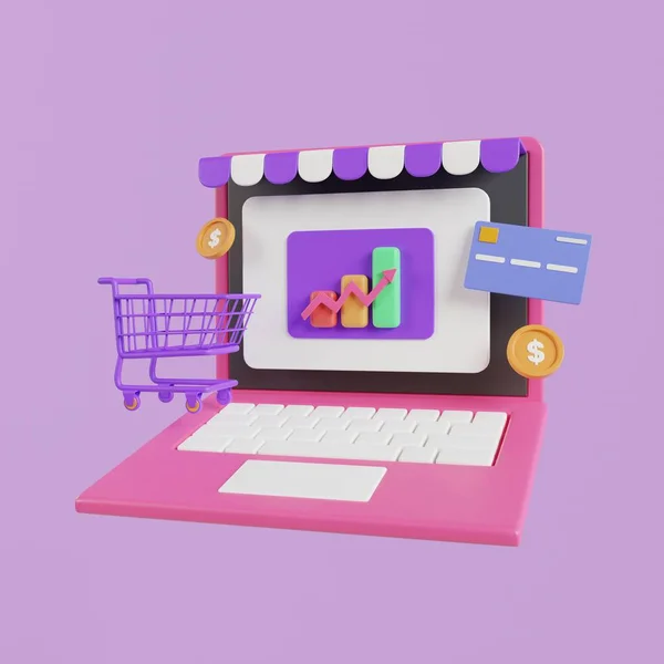 Online shopping 3D Illustration, online shop, online payment and delivery concept with floating elements.
