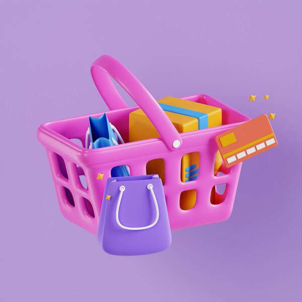 3D Illustration, online shop, online payment and delivery concept with floating elements.