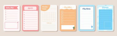 Bir grup planlamacı ve ev dekorasyonu çizimleriyle liste yapmak için. Ajanda, zamanlama, planlayıcılar, kontrol listeleri, not defterleri, kartlar ve diğer kağıtlar için şablon.