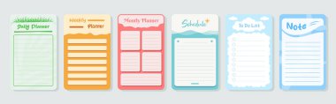 Bir grup planlamacı ve ev dekorasyonu çizimleriyle liste yapmak için. Ajanda, zamanlama, planlayıcılar, kontrol listeleri, not defterleri, kartlar ve diğer kağıtlar için şablon.