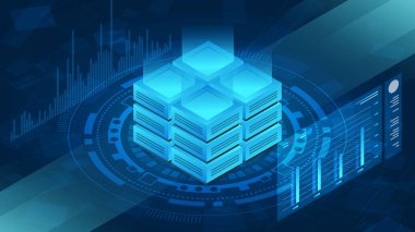 Veri analiz şemaları ve grafikleri. Veri görselleştirme kavramı. 3d izometrik vektör çizimi.