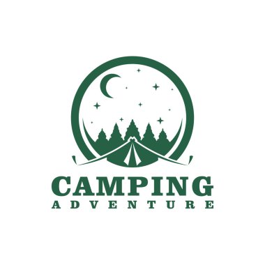 Kamp logosu tasarımı şablonu. Kamp Macerası logo vektör çizimi.