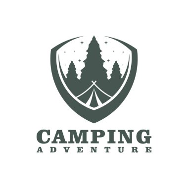 Kamp logosu tasarımı şablonu. Kamp Macerası logo vektör çizimi.