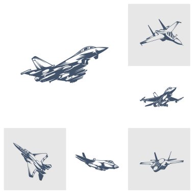 Askeri uçak vektör çizimi seti. Fighter Jets logo tasarım şablonu.