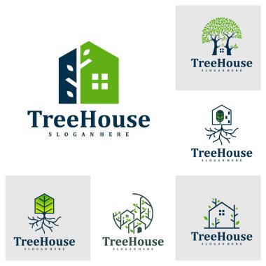 Ağaç Evi logo tasarım şablonu. Yaratıcı Ev Ağacı logo vektör çizimi.