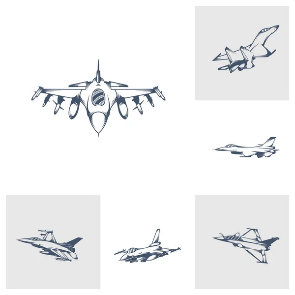 Askeri Uçak Vektör Çizimi Seti Fighter Jets Logo Tasarım Şablonu — Stok Vektör