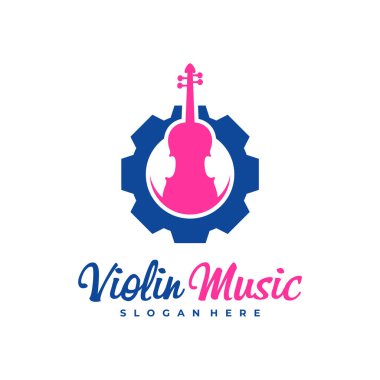 Keman Gear Logosu Şablonu. Yaratıcı Keman logosu vektör illüstrasyonu.