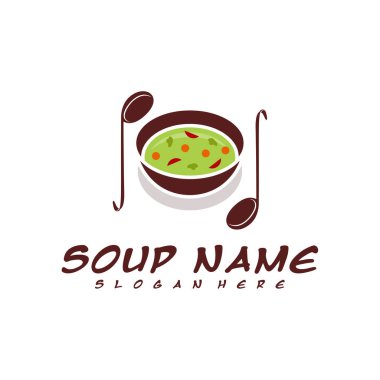 Çorba logosu tasarımı konsepti. Yemek Logosu Vektörü. Sebzelerle dolu mutfak logosu..