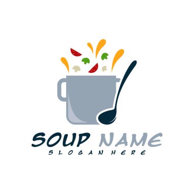 Çorba logosu tasarımı konsepti. Yemek Logosu Vektörü. Sebzelerle dolu mutfak logosu..