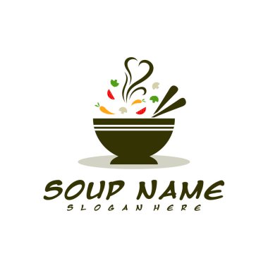 Aşkın logosu olan çorba tasarımı. Yemek Logosu Vektörü. Sebzelerle dolu mutfak logosu..