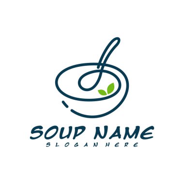 Çorba logosu tasarımı konsepti. Yemek Logosu Vektörü. Sebzelerle dolu mutfak logosu..
