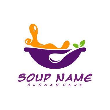 Çorba logosu tasarımı konsepti. Yemek Logosu Vektörü. Sebzelerle dolu mutfak logosu..