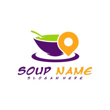 Nokta logolu çorba tasarımı konsepti. Yemek Logosu Vektörü. Sebzelerle dolu mutfak logosu..