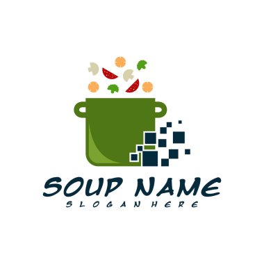 Pikselli yemek pişirme logo tasarım vektörü. Sağlıklı sebze ve vitaminle dolu mutfak logosu..
