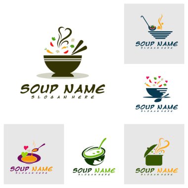 Aşklı Çorba logo tasarımı konsepti. Yemek Logosu Vektörü. Sebzelerle dolu mutfak logosu..