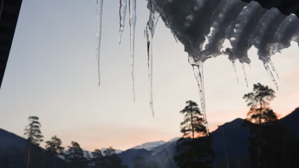 Zbliżenie Zamrożone Sople Skraju Dachu Tle Górskiego Krajobrazu Godzinach Wieczornych — Wideo stockowe