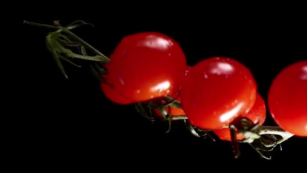 Vertical Video Red Cherry Tomatoes Rotate Black Background Juicy Vegetables — Video