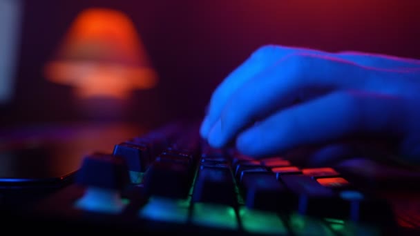 Male Hands Typing Computer Keyboard Neon Lighting Unrecognizable Guy Working — Vídeo de Stock
