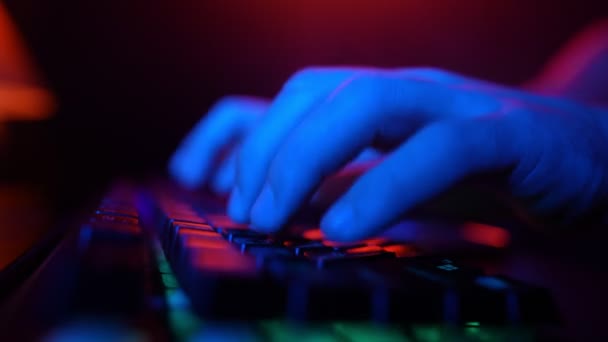 Male Hands Typing Computer Keyboard Neon Lighting Unrecognizable Guy Working — Vídeo de stock