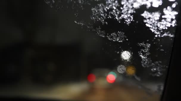 View Car Driving Winter City Road Snowfall Night Slow Motion — Stock video