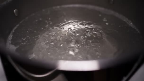 Вода Кипит Кастрюле Плите Кипяток Замедленной Съемке — стоковое видео