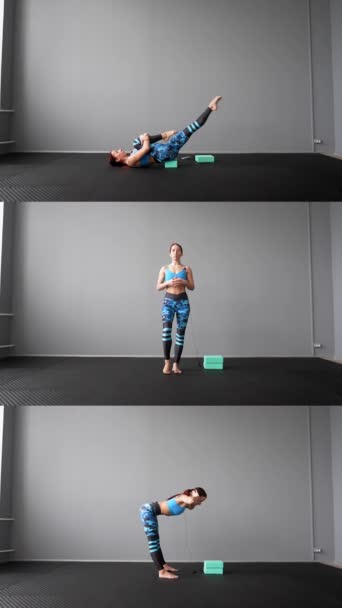 Collage Vertical Video Athletische Trainerin Leitet Ein Online Stretching Workout — Stockvideo